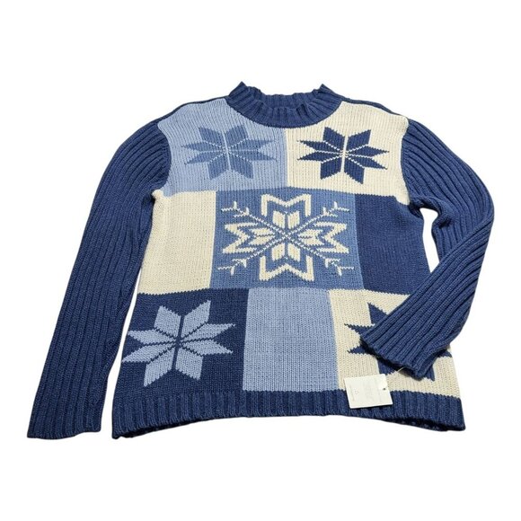 Liz Claiborne XL Blue & Cream Snowflake Knit Sweater Winter Patchwork Christmas - Picture 1 of 13